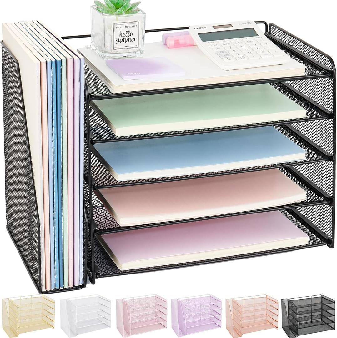 OPNICE 5-Tier Paper Organizer with Magazine Holder, Desk Organizers and Accessories, Office Desk Accessories & Workspace Organizers, Desktop File Organizer for Office Supplies Storage, Black (15.5" x 9" x 10.3")