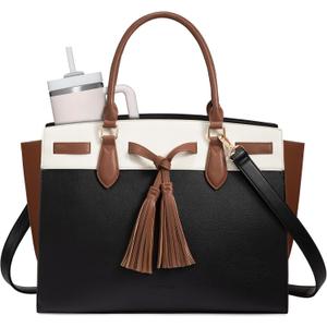 LOVEVOOK Laptop Bag for Women,Work Tote Bag with Large Cup Holder,Leather Computer Bag Teacher Bag Handbag Gifts for Women (17.3 Inch, Black-white-brown-l)