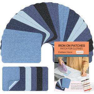 Iron On Patches for Clothes 24pcs, Iron On Patches for Jeans, Cotton Denim Repair Patch for Inside Jeans Fabric Kit, Jeans Knee, Pants, Clothing 3" by 4-1/ 4" Blue&Black