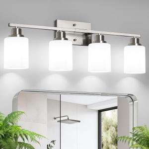 Ascher Bathroom Light Fixtures, 4-Light Vanity Light Over Mirror, Brushed Nickel Wall Sconces with Milky White Frosted Glass Shades, Wall Lamp for Living Room Bedroom, E26 Base(Bulbs Not Included)