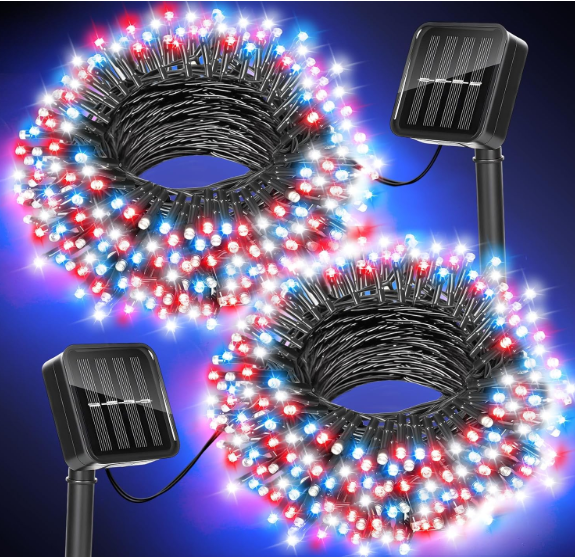 Red White and Blue Lights Solar String Lights Outdoor Waterproof for 4th of July Decorations and Memorial Day Decorations, Total 100LED 45FT for Garden Yard Pathway Fence, 8 Modes 50LED x 2 Packs