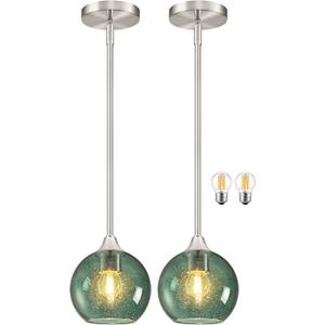 6" Gray Green Glass Modern Pendant Light Kitchen Island 2PK Mid Century Brushed Nickel Modern Pendant Lighting with Glass Globe Modern Hanging Pendant Light for Dining RoomBulb Incl.
