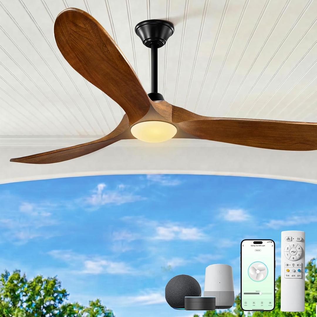 52 inch Outdoor Ceiling Fans with Lights-Glass Lamp, Smart Ceiling Fan with WIFI Alexa and App Remote Control, Damp Rated Wood Propeller Blades for Patios & Porch, 3 Blades, High CFM 6 Speed, Walnut