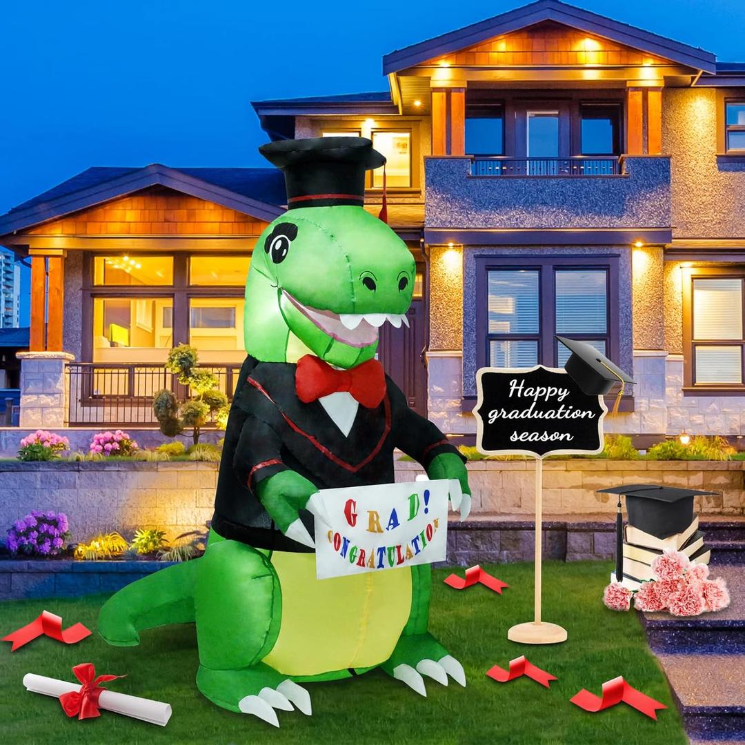 5ft Long Graduation Season Inflatable Outdoor Decorations, Dr. Dinosaur Inflatable Yard Decorations LED Light Decoration for Holiday Party Garden Lawn