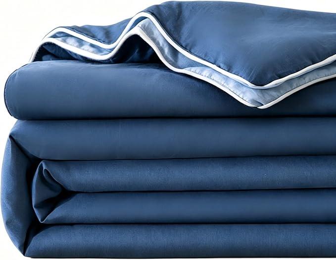 Reversible Solid Color Cotton Cooling Comforter,Lightweight Breathable Blanket for Air-Conditioned Rooms&All-Season. Blue, 104''×90''