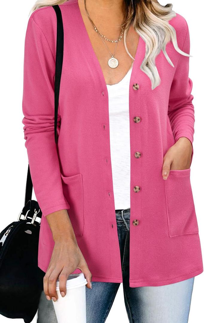 ULTRANICE Women's Cardigan Sweaters Lightweight Long Sleeve Open Front Knitted Button Down Cardigans Tops with Pockets (Pink, L)