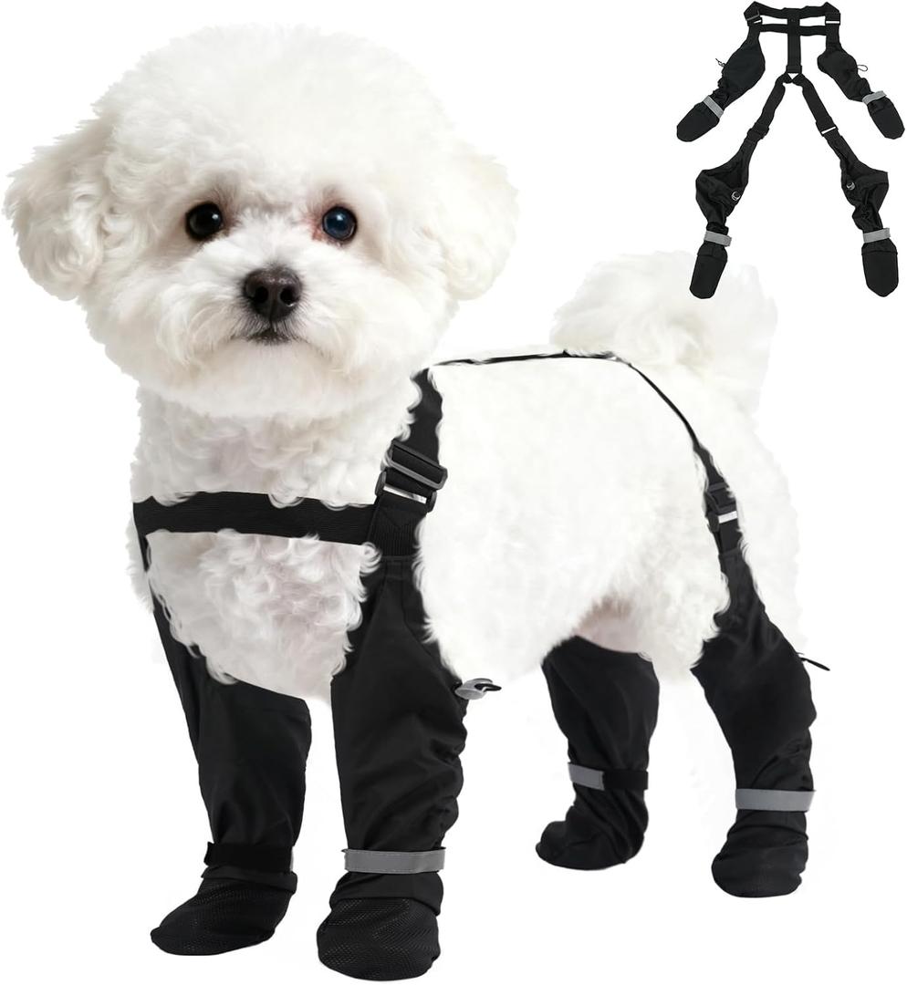 S Adjustable Dog Suspender Boots & Hiking Shoes, Waterproof Winter Snow Gear Boots with Anti-Slip Sole, Reflective Snowsuit Design That Helps Stay On for Cold Weather Adventures (Black)