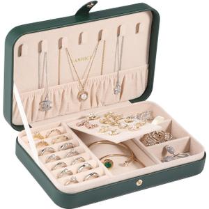 LANDICI Small Jewelry Box for Women Girls, PU Leather Travel Jewelry Organizer Case, Jewellery Storage Holder Display for Ring Earrings Necklace Bracelet Bangle Watch Men Kids Gift, Blackish Green (8.26(L)x5.5(W)x1.7(H) inch)