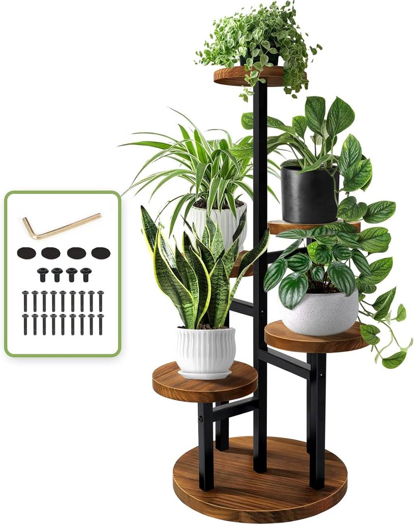 AUGOSTA 5 Tier Plant Stand, Tall Metal Wood Shelf Holder for Indoor Plants, Outdoor Garden Plant Display Rack Flower Pot Stand for Corner Living Room Balcony Garden Patio