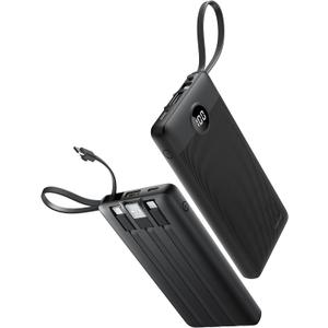 Portable Charger with Built in Cables, Slim 10000mAh Power Bank with USB C, External Battery Pack 5 Outputs 2 Inputs LED Display Compatible with iPhone/Android & More (Black)