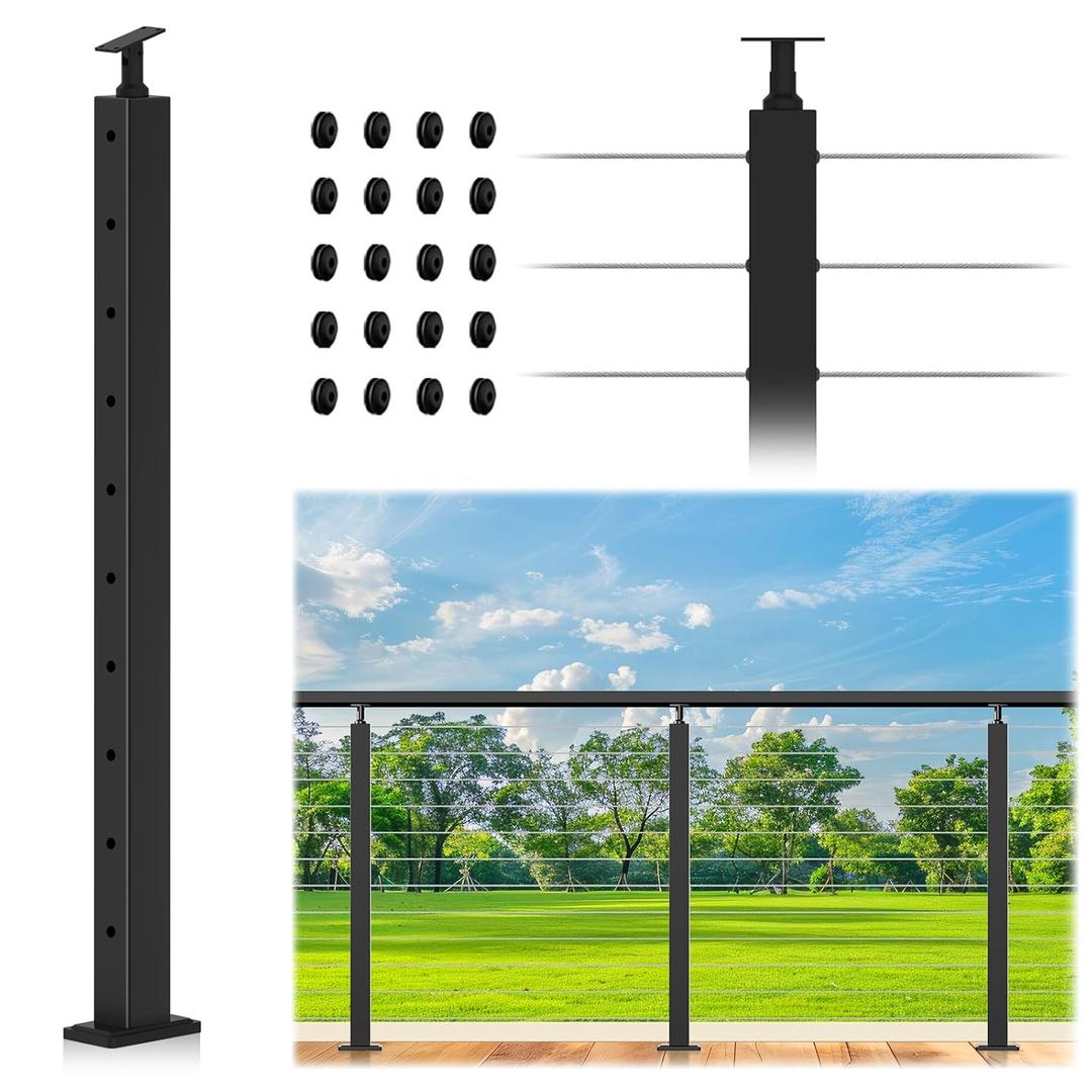 36" Cable Railing Post, Adjustable Top Level Drilled Railing Line Handrail Post, Matte Black Stainless Steel T304 Wire Deck Post for Cable Railing System Kit Indoor Outdoor