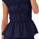 Tankaneo Womens Summer Smocked 2 Piece Short Sets Cap Sleeve Babydoll Peplum Blouse Casual Matching Set Vacation Outfits M