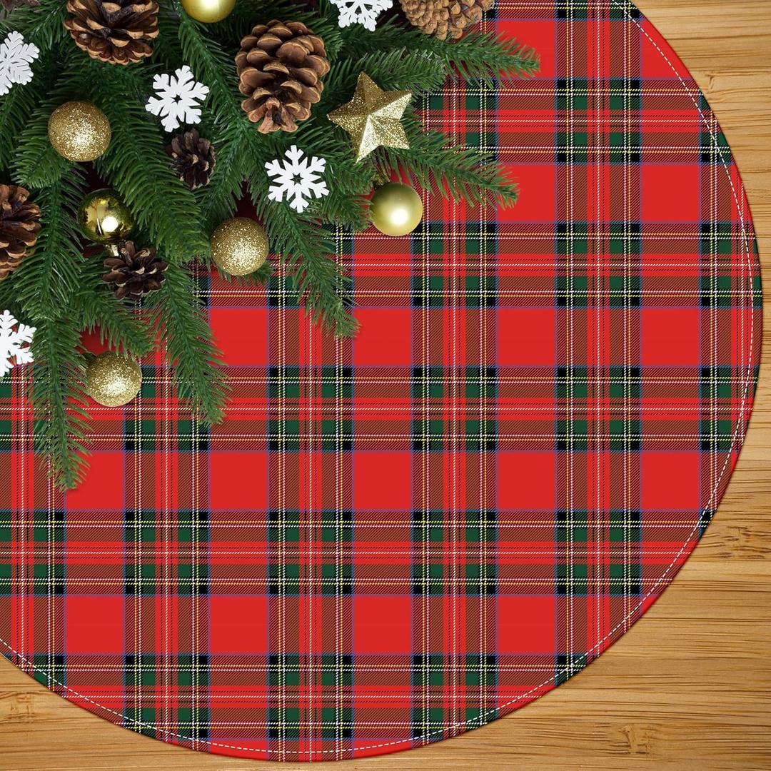 Buffalo Plaid Christmas Tree Skirt 48 Inch Red Green Plaid Xmas Tree Skirt Indoor Outdoor Christmas Decorations Winter Christmas Tree Mat for Home Party Holiday Decor