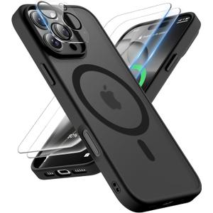 ORETECH Magnetic for iPhone 16 Pro Case, [Compatible with MagSafe][2 Pcs Screen Protectors + Camera Lens Protector][15 FT Drop Protection] Frosted Translucent Back, Shockproof, Anti-Scratch, Black