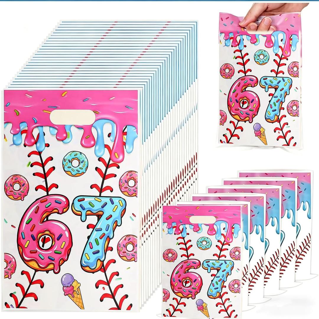 2 x 50pcs 6 7 Party Favor Bags for 6 7 Birthday Decorations, Six Seven Meme 67 Party GiftGoodie Bags with Handles, Double-Sided Pattern, Blue-Pink Birthday Party Bag for Packing Snacks Candy Supplies