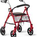 Medline Steel Rollator Walker with Seat, Red, 300 lb. Weight Capacity, 8” Wheels, Foldable, Adjustable Handles, for Seniors, for Mobility Impairment