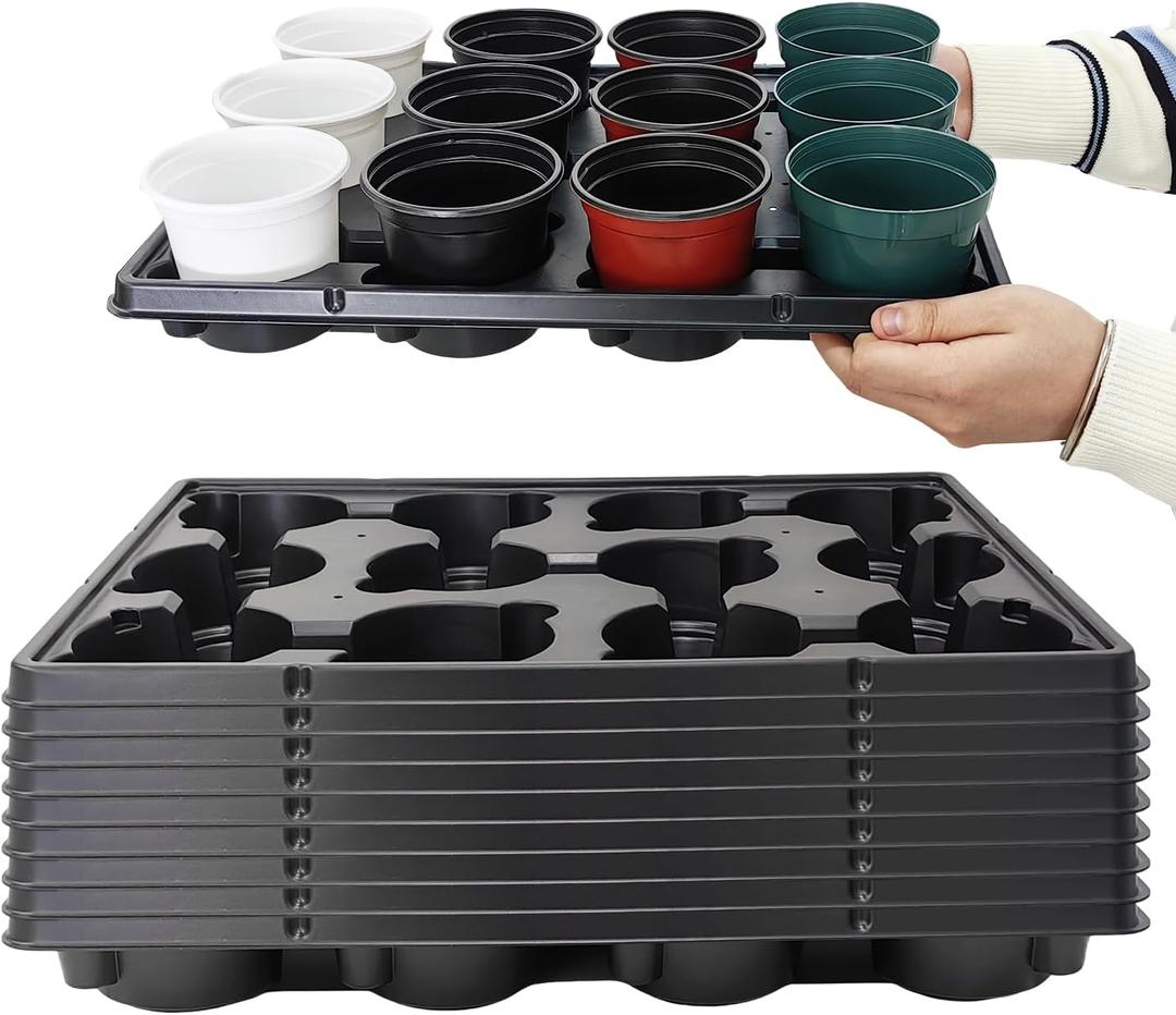 12 Cell Round Nursery Pots Trays Thickened Durable Seedling Pots Shuttle Carrying Trays for Holding 4 inch Nursery Pots (16.85"  12.6", 10-Pack) (12 Cell Trays for 4 Inch Pots-10 Pack, Black)