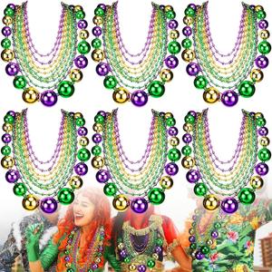 Cunno 60 Pcs 41" Jumbo Mardi Gras Beads Necklaces Bulk Gold Green Purple Plastic Disco Ball Beaded Necklace Carnival Jewelry Mardi Gras Accessories for Carnival Parade Masquerade Party Throw