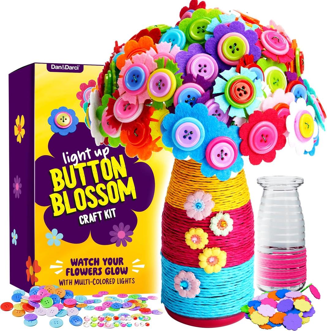 Dan&Darci Light Up Button Flower Craft Kit - Crafts for Kids Ages 4-8 - Arts & Crafts Gift for Girls - Activities for Kid Age 6-8 Girls - 5 Year Old Girl Gift Toys - Birthday Gifts for 5 6 7 8 Years
