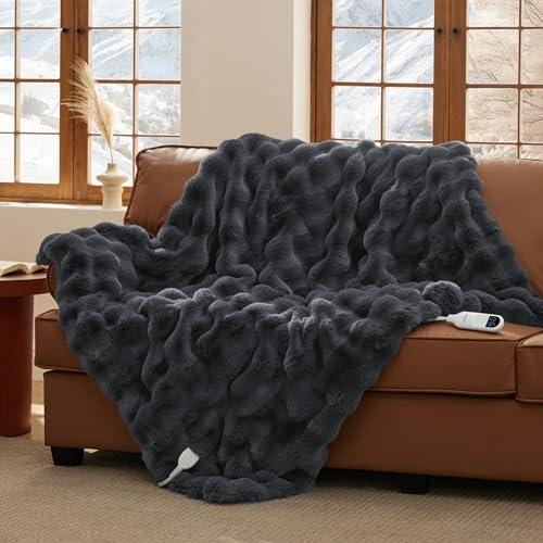 Bedsure Fluffy Bubble Faux Fur Heated Blanket Throw - Super Soft Electric Blanket, Heating with 6 Heating Levels, 4 Time Settings, 3-Hour Auto-Off, Decor Gifts for Home, Grey, 50x60 inches