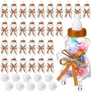 48 Pcs 4.7 Inches Baby Shower Bear Bottles Bulk Mini Clear Milk Plastic Bear Candy Bottles with Ribbon Artificial Roses for Baby Shower Favor Gift Newborn Party Decor(Brown)