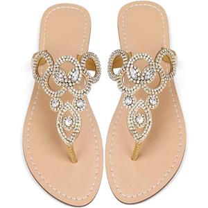 AIJIVOU Women's Rhinestone Flat Sandals, Women Flip Flops with Clip Toe RingBeadeed Rhinestone Crystal Jeweled Sandal Shoes for Summer Beach Oceanside Holiday Outdoor (11, Gold#2)