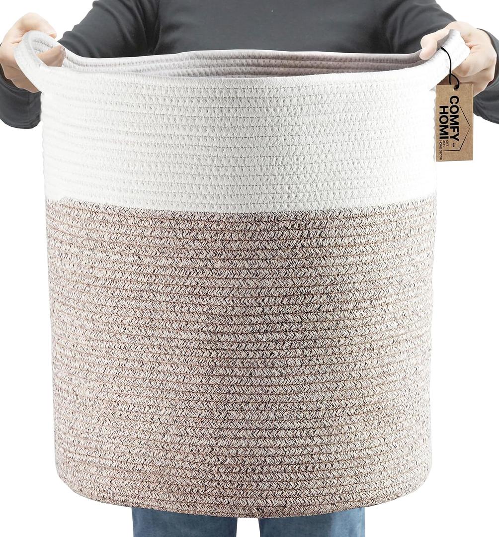 COMFY-HOMI XXL Large Laundry Basket with Handles Blanket Baskets Living Room|Woven Cotton Rope Decorative Basket Laundry Hamper Baby Basket Nursery Dog Toy Storage Organizer Bin-16x18-White Brown