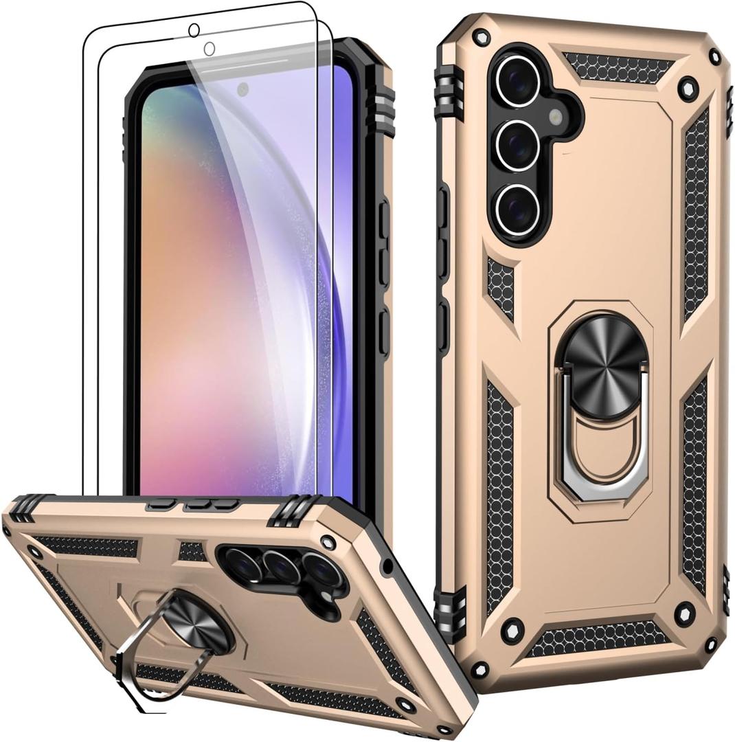 3 x LUMARKE for Galaxy A55 Case with Screen Protector,Pass 16ft. Drop Tested Military Grade Protective Phone Cover with Magnetic Ring Kickstand Compatible with Car Mount Holder Gold (Yellow)