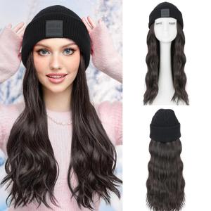 S-noilite Beanie Wig Hair Extensions,18 Inch Long Wavy Hair Extensions with Knitted Hat Wigs for Women Winter Medium Brown
