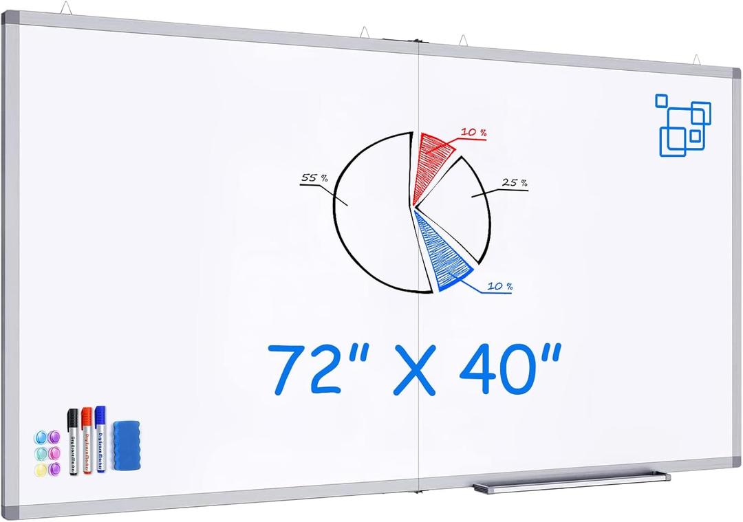 Magnetic White Board Dry Erase Board for Wall72" x 40" Wall-Mounted Aluminum Frame Marker Board, Foldable Portable Whiteboard with a Long Pen Tray for School, Classroom, Office & Home