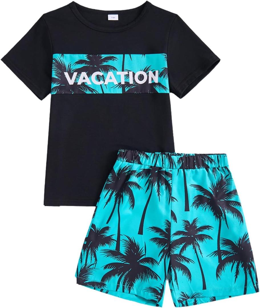 Boy Clothes Kids Boy's Summer Outfits Shorts Sleeve Crewneck T Shirt Tops Tees Shorts Sets Boy's 2 Piece Outfits (7-8 Years, Black Green)