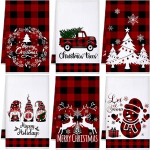 Sratte 6 Pcs Winter Kitchen Towels Snowman Gnome Truck Dish Towel Absorbent Red Black Buffalo Plaid Bathroom Hand Towels Farmhouse Winter Tea Towel for Kitchen Bathroom Decoration Housewarming Gift