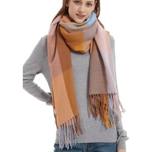 Wander Agio Women's Fashion Long Shawl Big Grid Winter Warm Lattice Large Scarf (Big Camel Pink 7)