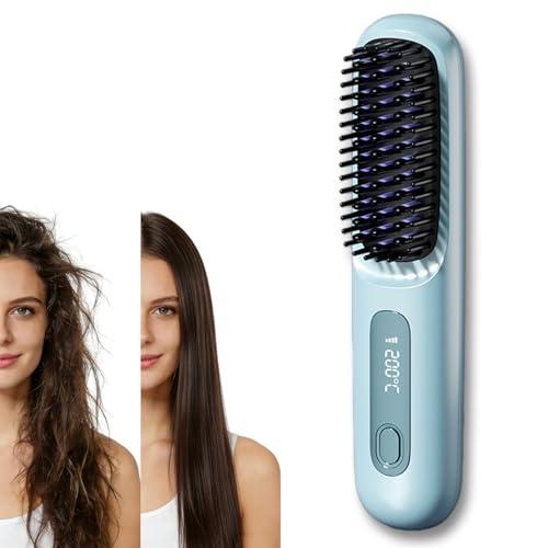 2026 Go Brush Pro for Short Hair, Portable Straightener Brushs for Travel, with LCD Temperature Display, Fast Heating Cordless Mini Hair Brushs Styling Tools (Blue)