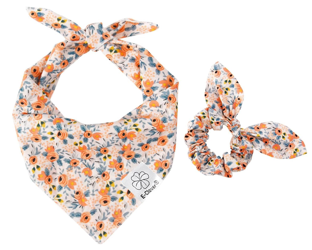 E-Clover Dog Bandanas & Matching Scrunchie Set Flower Dog Scarf Bibs Girl Pet Bandana with Bow Tie for Medium Large Dogs Owner Mom Fall