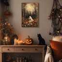 Vintage Cute Ghost Holding Flowers 16x24 Halloween Wall Art, Autumn Birch Forest Crescent Moon Framed Canvas Print, Cozy Orange Flowers Artwork Rustic Fall Spooky Bedroom Home Decor