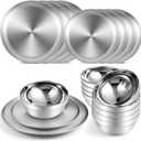 Sunnyray 10 Sets Stainless Steel Plates and Bowls 6.7, 10.2 Inch Metal Camping Plates Reusable 13oz Steel Snack Bowls Feeding Serving Dinner Dishes Double Walled Insulated for Men Women Kids