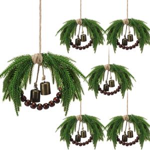 Dingion 6 Pcs Mini Christmas Wreath 8.6 Inch Small Norfolk Wreaths for Kitchen Cabinets Vintage Mini Wreath with Wood Bead Bell Rustic for Xmas Front Door Window Chair Farmhouse Decor
