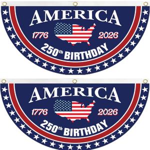 250 Year Anniversary Patriotic Fan Bunting Banner 1776–2026, USA Map Flag Design with Stars, 3x6 FT Large Outdoor Decoration, Brass Grommets, 2 Pack