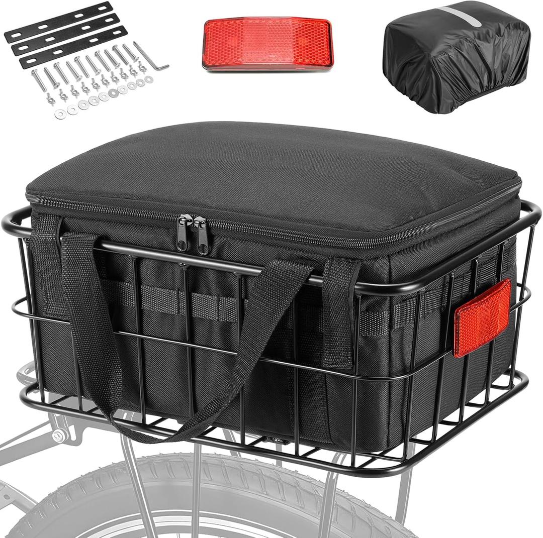 Bike Basket Rear for Men Women, Large Bicycle Rack Basket for Adult Bikes with Removable Liner Bag & Waterproof Cover, Heavy Metal Back Cargo Basket for Ebike, Mountain Bike, City Bike, Cruiser