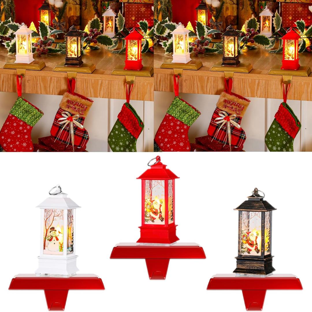 Ceenna 6 Sets Christmas Stocking Holders for Mantle with LED Light Xmas Stocking Fireplace Hooks Hanger Christmas Decoration for Fireplace Mantle