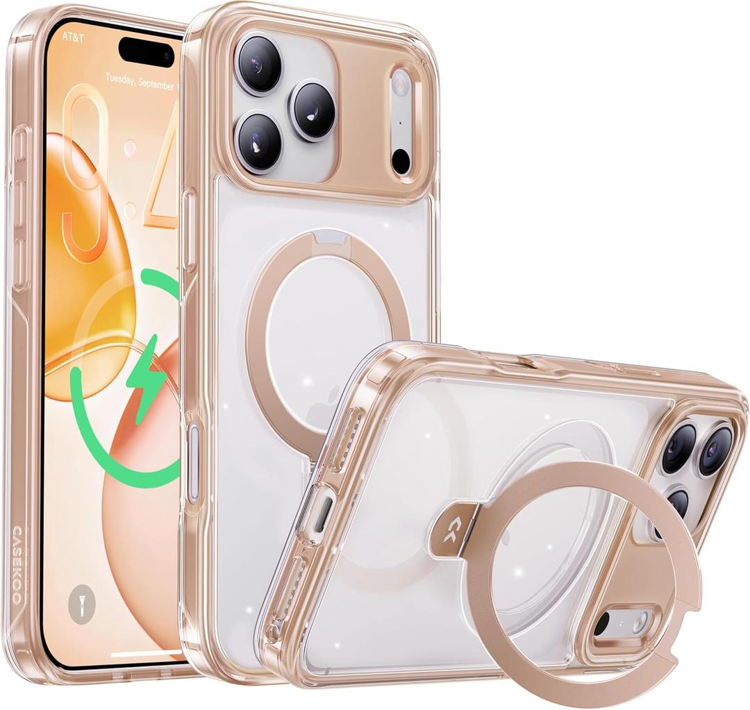 CASEKOO Champagne Gold for iPhone 17 Pro Max Case with Ultra Magnetic Stand, Fit for MagSafe, 16FT Military Grade Protection, Kickstand for Viewing & Work, Clear Back, Champagne Gold