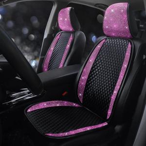 Luxury PU Leather Car Seat Cover Protector Bling Rhinestones Diamond Front Auto Seat Protector Pad for Girls Women or Ladies Auto Sparkling Crystal Universal Interior Accessories Pink 2Seats