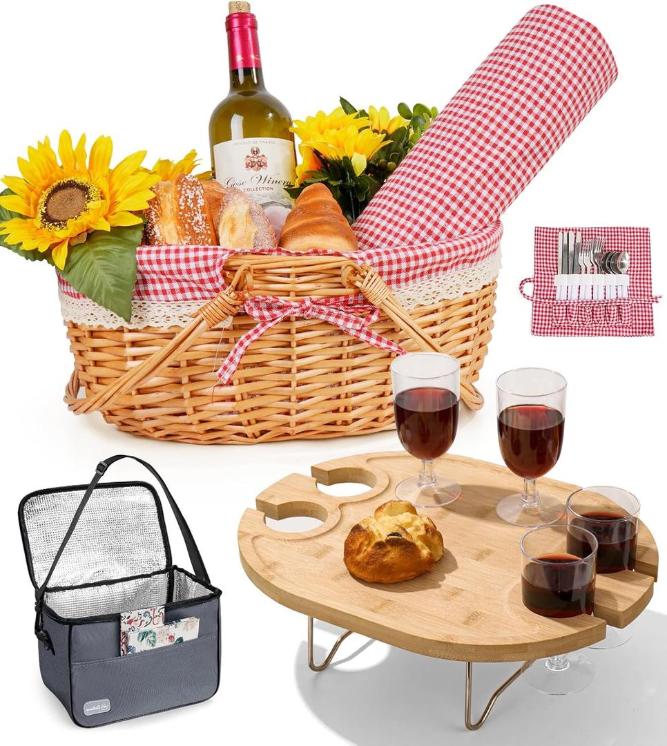 Family Picnic Basket for 4 with Table and Blanket Collapsible Cooler Bag Insulated Picnic Set for Beach Picnic Hamper Picnic Date Essentials for Outdoor Picnic Accessories