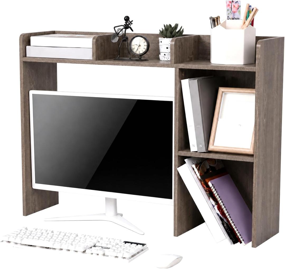 Briwooody Dorm Desk Bookshelf Desk Hutch Organizer with 5 Shelves and 3 Tier Desktop Hutch Storage Organizer for College Dorm Home Office Supply, 32.5 x 23.5 x 8 Inch(Grey)