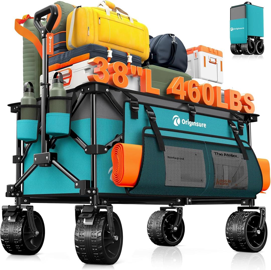 220L Collapsible Wagon Cart Foldable, 460lbs Load Capacity Heavy Duty Folding Beach Wagons with Big All-Terrain Wheels, Utility Carts for Groceries, Camping, Sports - Grey&Turquoise