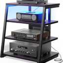 AV Media Stand with Outlets, Stereo Stands and Racks with Vinyl Storage, Stereo Stand with Record Storage, Audio Stereo Rack Cabinet, Turntable Console Stand with LED lights, 4 Tiers, Black Ebony
