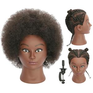 Kinky Curly Real 100% Human Hair Mannequin Head Manikin Cosmetology Doll Training Head with Stand for Hairdresser Practice Braiding Styling Bleaching Dyeing Cutting Updos Natural