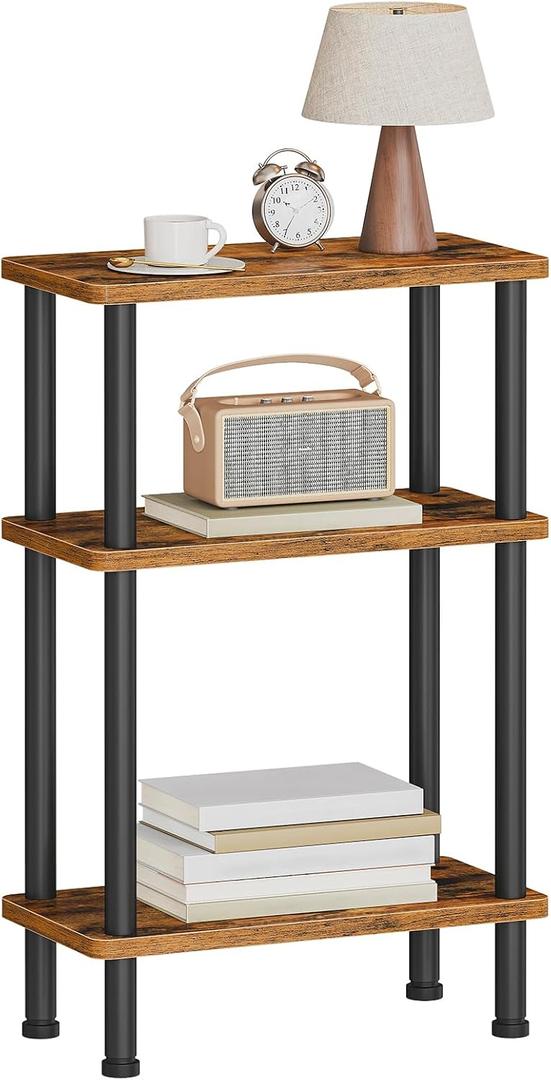 HOOBRO Narrow Side Table, 3-Tier Slim End Table No Tools Needed, Twist-On Assembly, Skinny Nightstand Sofa Storage Shelf for Living Room, Bedroom, Study, Rustic Brown and Black BF246BZ01N1, 15.7"D x 7.9"W x 25.2"H