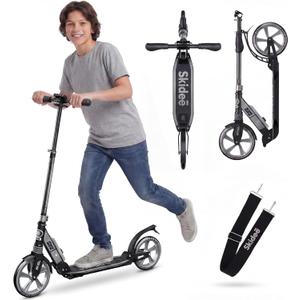 Skidee Adult & Teen Scooter Adjustable Height, Folding, Large Wheels, Lightweight, Durable, Anti-Shock Suspension, Up to 220 lbs